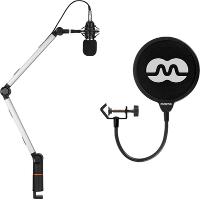Рака за микрофон Mozos SB38 со поп филтер PS-1, алуминиум, монтирање на маса, црна