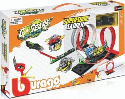 Set pistë makinash lodër Bburago Go Gears Supersonic Launch, me mekanizëm me tërheqje, unaza me kthesa, shumëngjyrësh