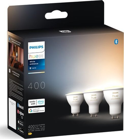 Llambë smart Philips Hue White Ambiance GU10, 5.2W, Bluetooth Zigbee, e bardhë, set 3 copë