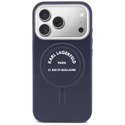 Këllëf telefoni Karl Lagerfeld Karl RSG Logo MagSafe, për iPhone 17 Pro, eko lëkurë, blu