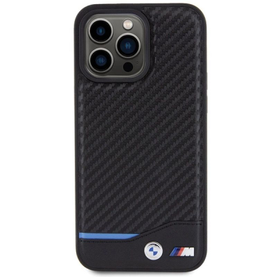 Kapak telefoni BMW Leather Carbon Blue Line për iPhone 15 Pro Max, lëkurë karboni, i zi me vijë blu