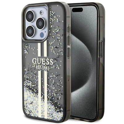 Mbulesë telefoni Guess Liquid Glitter Gold Stripes për iPhone 15 Pro, hard case, transparente me shkëlqim, e zezë