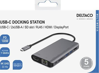 Doking stacion DELTACO USB C, HDMI DisplayPort RJ45, 2xUSB SD, gri metalike