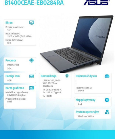Laptop Asus, 14", Intel Core i3-1115G4, 3.0 GHz, 8 GB RAM, SSD 256 GB, i zi