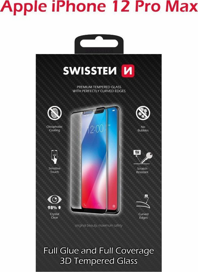 Mbrojtës ekrani Swissten 3D Full Glue për iPhone 12 Pro Max, xham 9H, transparent