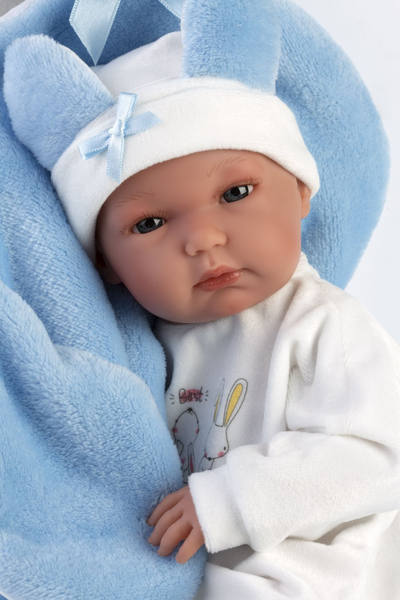 Kukull Llorens Bimbo Newborn, e artikulum 35cm, trup vinil, me jastëk ndërrimi lepurush