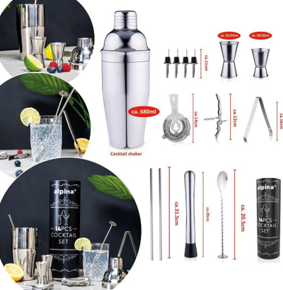 Set koktejsh Alpina Cocktail Set, 14 pjesë, çelik inox, ngjyrë argjendtë
