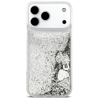 Kapak telefoni Guess Liquid Glitter Charms GUHCP17XGLHFLSI, për iPhone 17 Pro Max, transparent me shkëlqim, ngjyrë argjendi