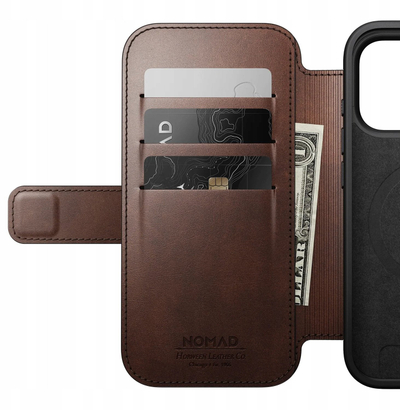 Këllëf folio Nomad Modern Horween Leather për iPhone 17 Pro, MagSafe, kafe rustik