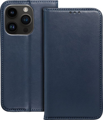Këllëf telefoni tip libër për iPhone 15 Pro Max, lëkurë sintetike, me magnet, blu e errët