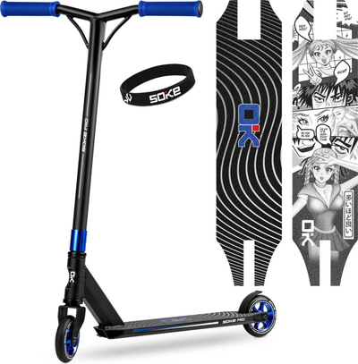 Trotinet stunt Soke Pro me timon Y-bar, kushineta ABEC-9, rrota alumini, i zi me blu