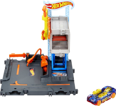 Set loje Hot Wheels City Downtown Repair Station, me ashensor, përfshin 1 makinë lodër, shumëngjyrësh