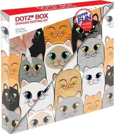 Set pikture me diamante DIAMOND DOTZ Box Cat Clan, komplet për punime me dorë, me stilus dhe gurë dekorativë, shumëngjyrësh