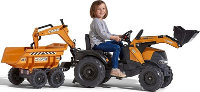 Traktor lodër me pedale Falk Case IH Construction, me rimorkio dhe eskavator, portokalli