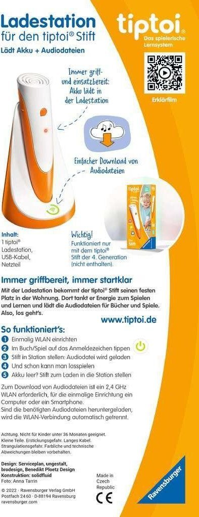 Stacion karikimi Ravensburger tiptoi Ladestation me Wi‑Fi, për stilolaps gjenerata e 4‑t, portokalli me të bardhë