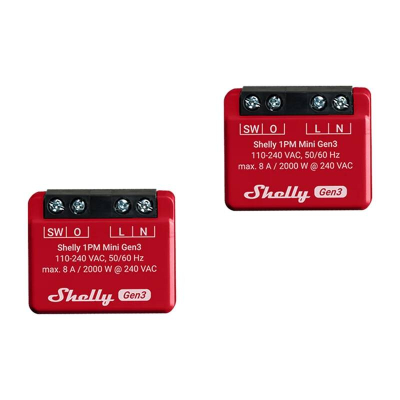 Rele inteligjente Shelly 1PM Mini Gen3, WiFi Bluetooth, 1 kanal 8A, matje energjie, e kuqe 2 copë