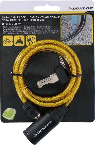 Катанец за велосипед Dunlop Спирален, челично јаже 6mm, 90cm, жолт