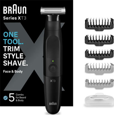 Trimer elektrik Braun Series XT3 Face+Body, tehu 4D çelik inox, rezistent ndaj ujit, i zi