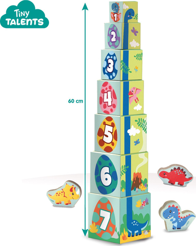 Set lodrash SES Creative Stacking Blocks Tower me figura dinosauri, 7 blloqe druri, me ngjyra të ndryshme