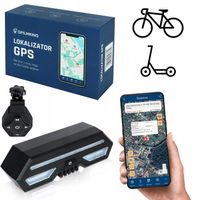 GPS следач MKING BIKESCOO, за електрични скутери и велосипеди, LED светло, далечински управувач на управувач, црн
