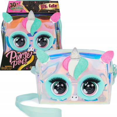 Çantë lodër interaktive Purse Pets Y2K Corn, 30+ tinguj, çantë crossbody, holografike shumëngjyrëshe