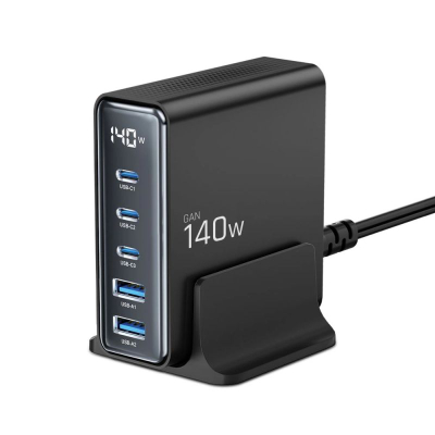 Karikues tavoline Tech-Protect DC140W-GaN, 140W, 5 porta USB, i zi