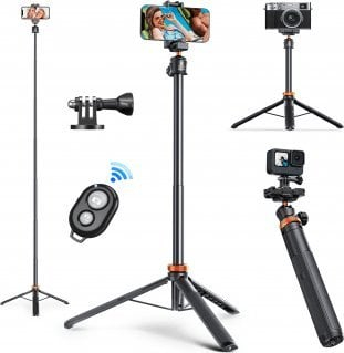 Tripod selfie K&F Concept 2 në 1, 157cm, me telekomandë Bluetooth, ngjyrë e zezë