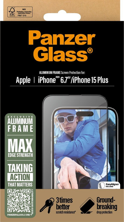 Заштитно стакло CARE by PanzerGlass, за iPhone 16 Plus и 15 Plus, алуминиумска рамка, проѕирно