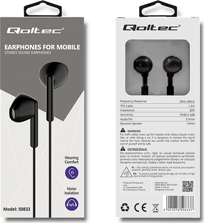 Kufje Qoltec 50833 in ear, me mikrofon, 3.5 mm, të zeza