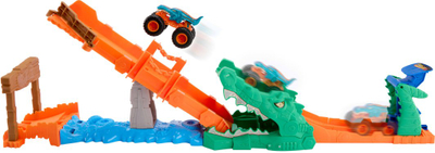 Set gare Hot Wheels Monster Trucks Crash Challenge Crocodile, kamionçinë 1:64, pistë stuntesh, shumëngjyrësh