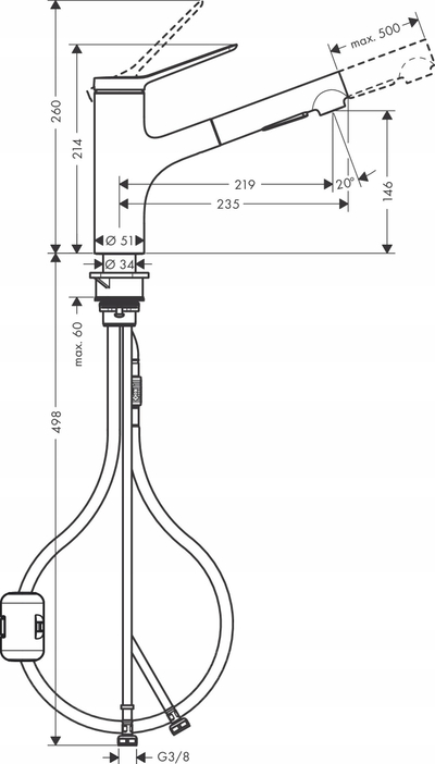 Кујнска батерија Hansgrohe Zesis M33 150, извлекувачка рачка, 2 начина на прскање, хром