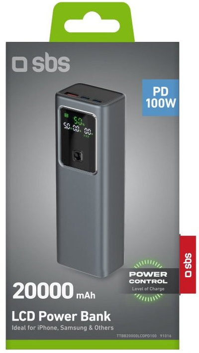 Powerbank SBS 20000mAh, PD 100W, me ekran LCD, gri