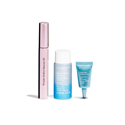 Set Clarins Wonder Perfect Mascara, Maskarë për qerpikë 4D 8 ml + Pastrues dyfazor i grimit të syve 30 ml + Xhel freskues për sytë 5 ml