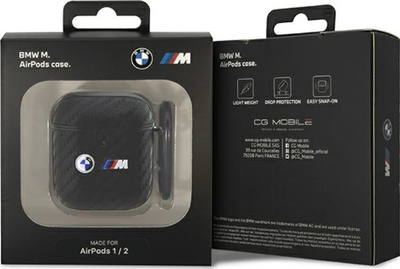Mbulesë BMW për AirPods 1/2, karbon me dy logo metalike, e zezë