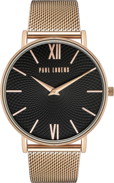 Orë femrash Paul Lorens PL11989B7 1D3, 40mm, rrip mesh çelik, e artë rozë me cadran të zi