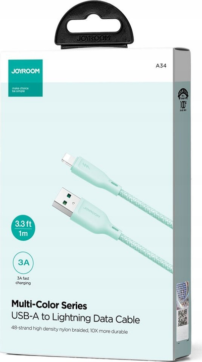 Кабел за полнење Џојрум Мулти Колор Серија SA34 AL3, USB A во Лајтнинг, 3A, 1m, зелен