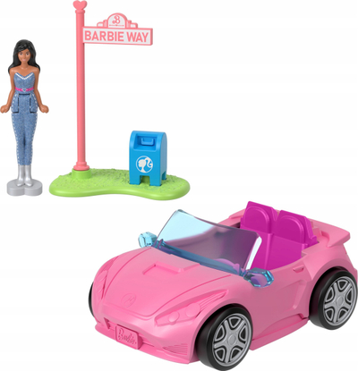 Set lodrash Barbie Mini BarbieLand HYF42, kukull 4 cm, makinë kabrio me ndryshim ngjyre, rozë