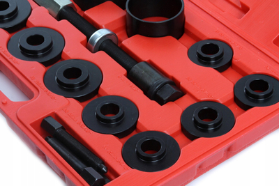 Set veglash për kushineta dhe bushing, 16 copë, valixhe plastike, e kuqe