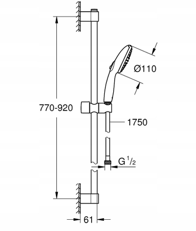 Set dushi Grohe Tempesta 110 27646003, shufër 90 cm, 2 mënyra spërkatje, krom