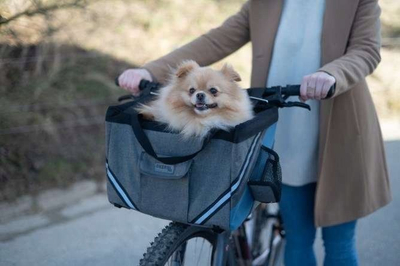 Çantë për qenin për biçikletë Kerbl Bike Dog Carrier, për në timon biçiklete, me shirita që ndriçojnë, gri