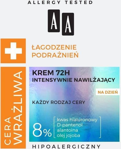 Kрем за лице AA за чувствителна кожа, смирување на иритации, хидратантен 72 часа, 50 ml