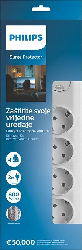 Prizë me mbrojtje nga rryma Philips SPN7040WA/58, 4 dalje, kabllo 2 m, 600 Joule, e bardhë