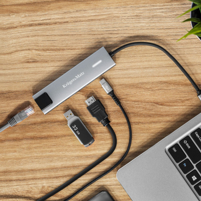 Adapter USB C Kruger&amp;Matz KM1990, HDMI, 2x USB 3.0 RJ45, gri metalik