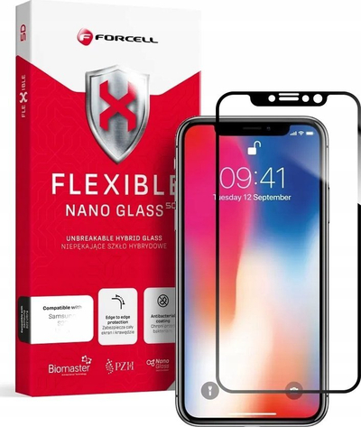 Xham mbrojtës Forcell Flexible 5D Hybrid për iPhone X/Xs, 0.3mm, i zi