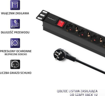 Продолжен приклучок за шкаф РАК Qoltec PDU 1U, 8x SCHUKO, 16A, 2m, црна