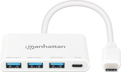 Hub USB Manhattan Type C, 3 porta USB 3.0, Power Delivery, i bardhë
