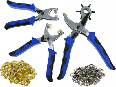 Set për punim lëkure Geko G01825, pinca për vrima dhe eyelets, metalik