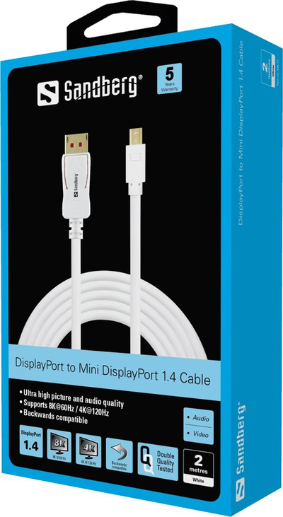 Kabllo Sandberg Mini DisplayPort në DisplayPort 1.4, 2m, e bardhë