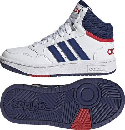 Atlete të larta për kalamaj Adidas Hoops Mid 3.0 K GZ9647, basketbolli, të bardha me blu dhe të kuqe