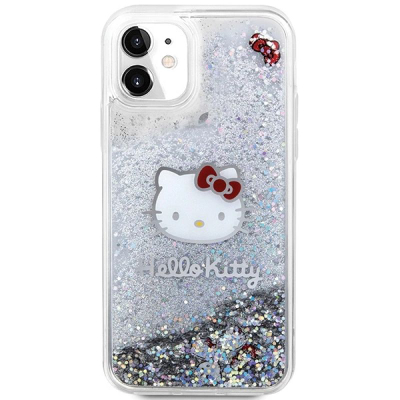 Kapak telefoni Hello Kitty Liquid Glitter për iPhone 11, transparent me shkëlqim argjendi